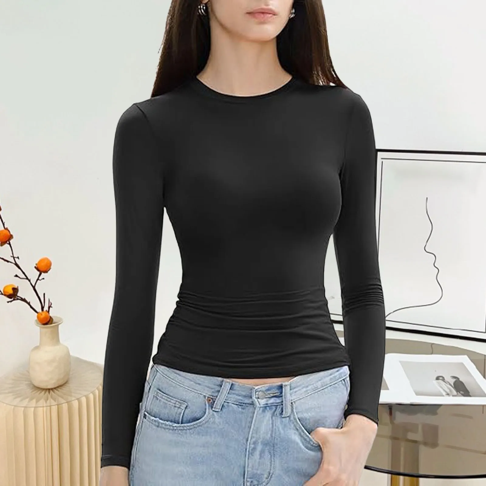 Slim Women's Base Tee Shirt Tops Solid New Fashion T Shirt Workout Yoga Daily Wear Tee Top Long Sleeve Round Neck Crop Top Basic