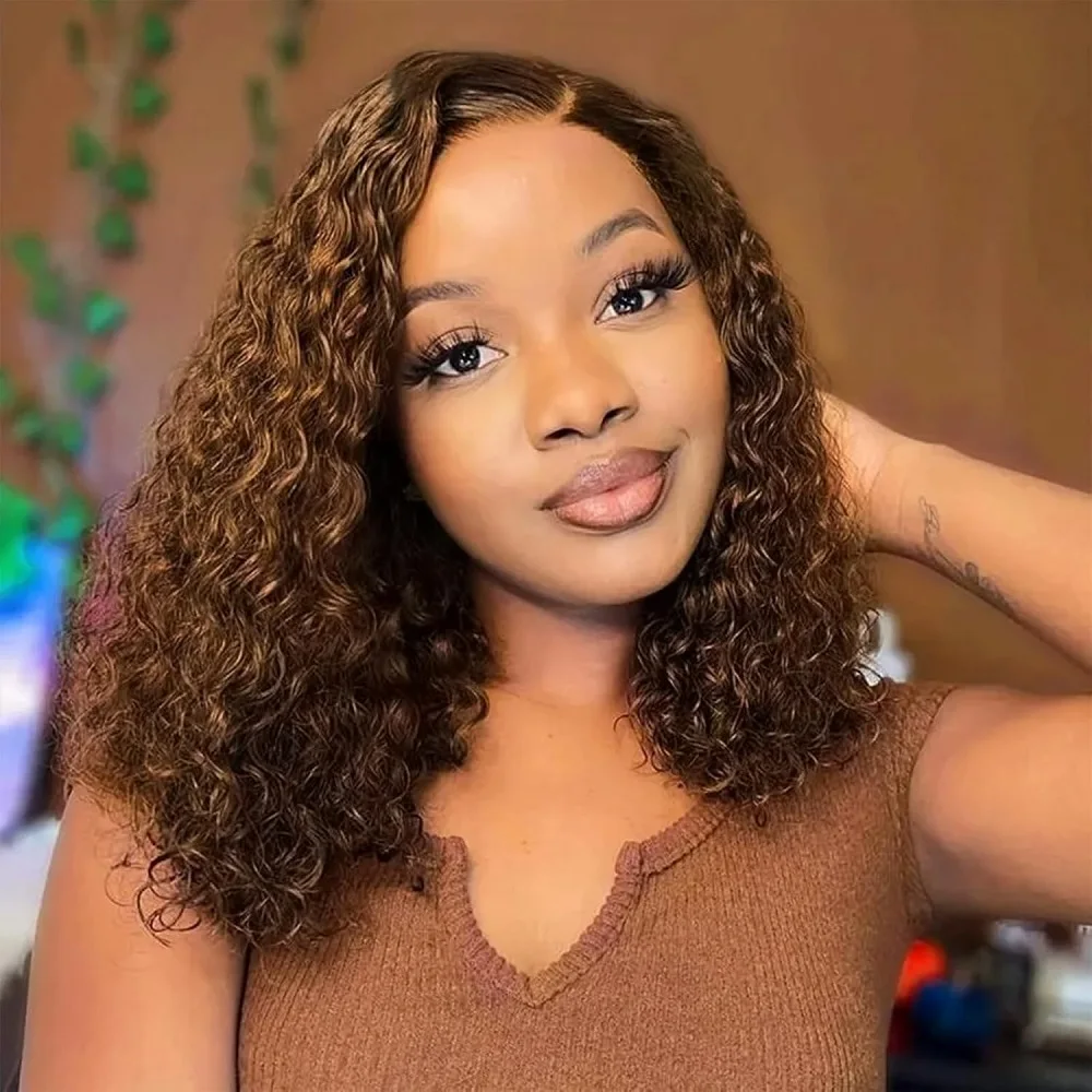 

Chocolate Brown Deep Wave Bob Wig 100% Human Hair Curly Transparent Lace Front Wigs Human Hair 200% Density Pre Plucked