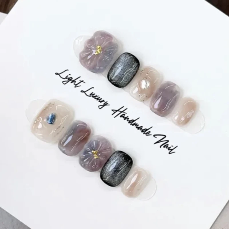 Handmade 2026 Purple 3d Flower Artificial Self-adhesive Short Realistic False Nails for Gluing Press on Nails with Box and Tools