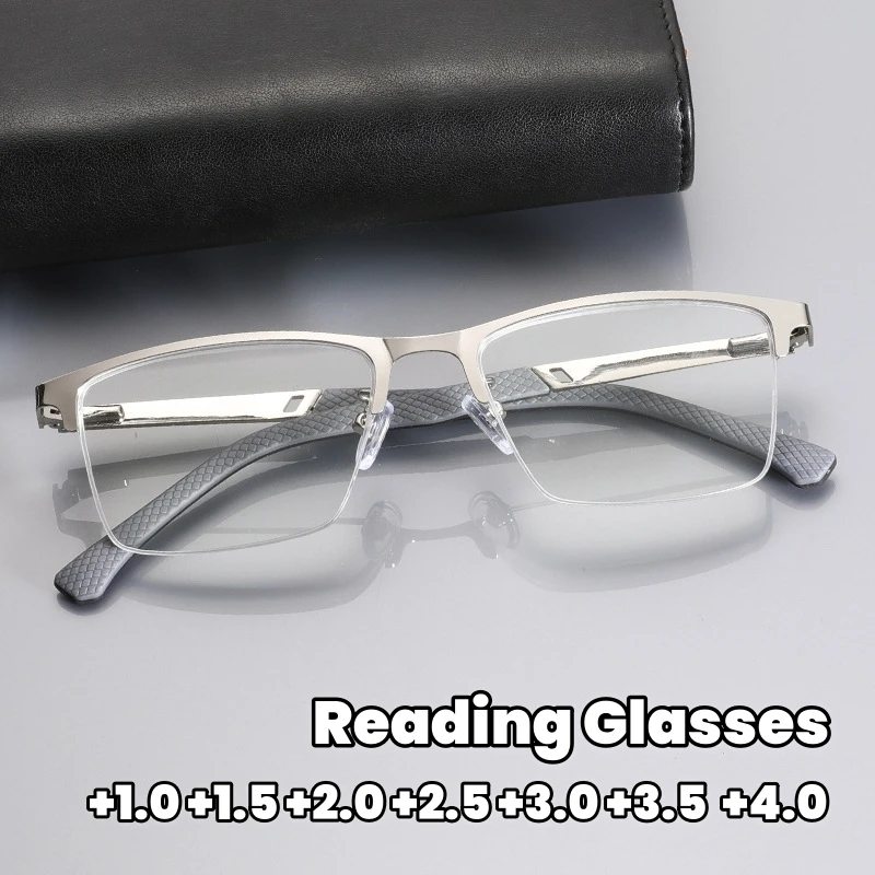 

Business Men's Square Metal Reading Glasses Cut Edges Half Frame Presbyopia Glasses Anti Blue Light Far Sight Eyeglasses