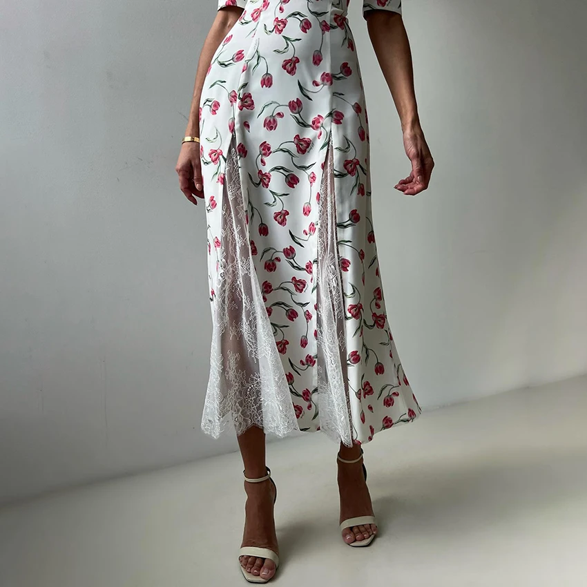 2025 new high-waisted floral print long dress, sexy cut-out lace dress, summer vacation dress with puffed sleeves