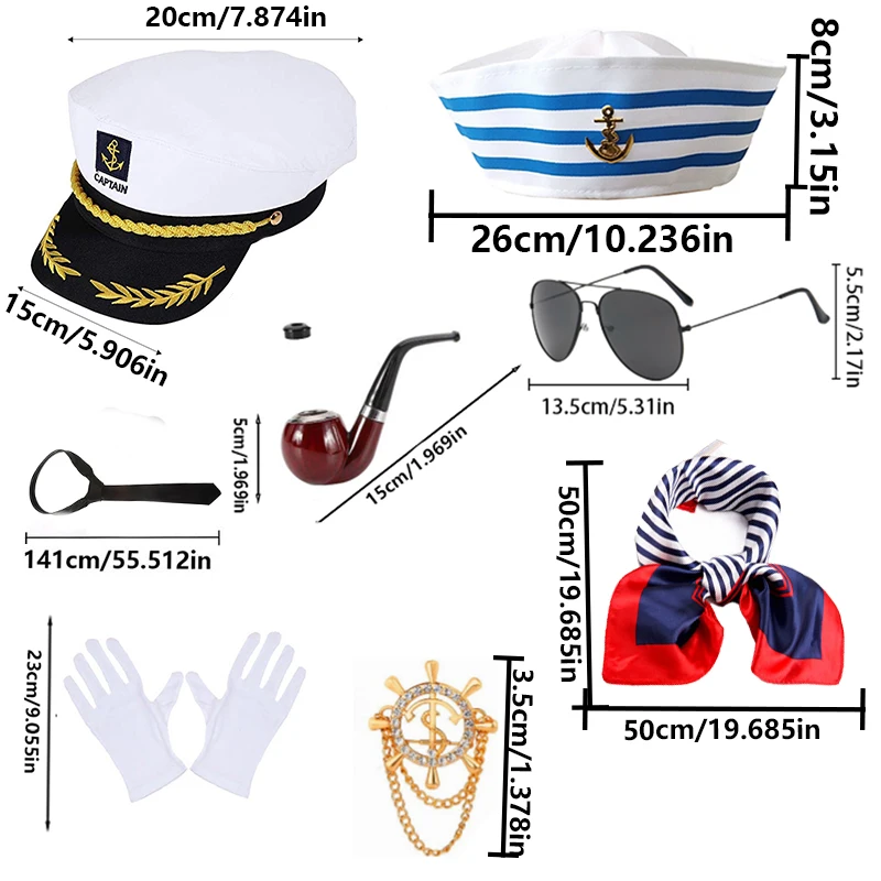 مجموعة كابتن بارتي: قبعة الكابتن، باندانا، النظارات الشمسية، القفازات البيضاء، الأنابيب، وشارة مرساة. ملحقات الحفلات للعب الأدوار