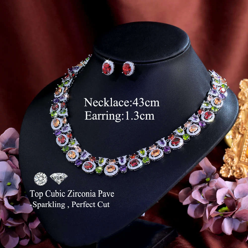 CWWZircons Luxuriöses Geometrisches Mehrfarbiges Zirkon-Ohrringe-Halsketten-Set für Frauen Boho Party Hochzeit Kostümschmuck Großhandel T0983 – Detail 1