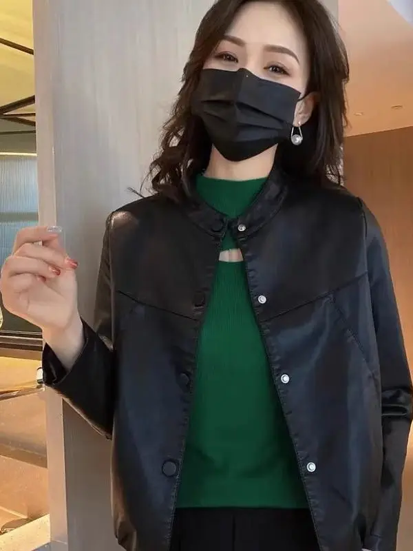 ort Lose Damen-Jaset-Mantel aus Leder, kleiner Biker-Mantel, lässig, mit Knöpfen verziert, Taille, PU-Leder, lang, Sve, rund, Ne