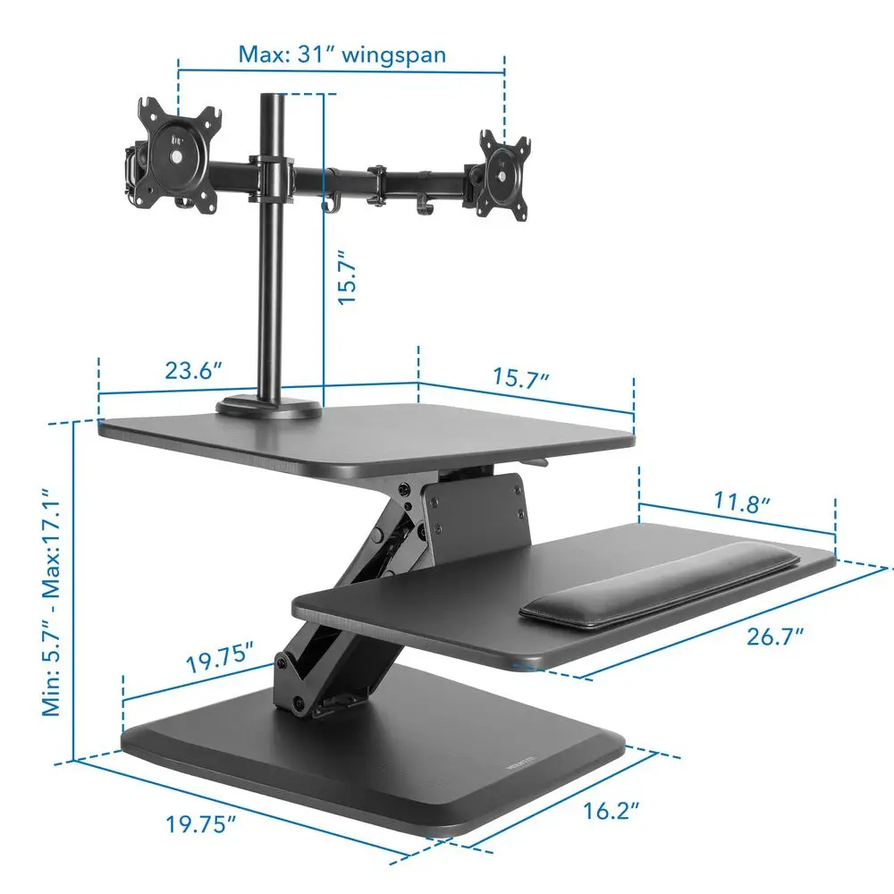 Standing Desk Converter, Stand Up Desk Riser with Dual Monitor Mount, Adjustable Workstation in Black, Top Platform 23 Wide, Ke