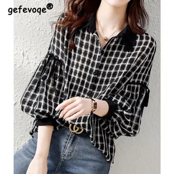 Checker Printing Blouse 2023 Autumn Women's Clothing Korean Spliced Double Layer Collar Loose Long Sleeve Single Breasted Shirt