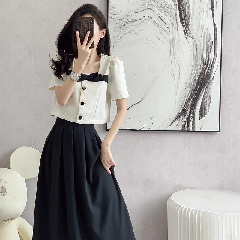 France Small Fragrant Summer Two Piece Set Women Elegant Square Collar Bow Crop Coat+Midi A Line Skirt Suit Ladys Office Outfits