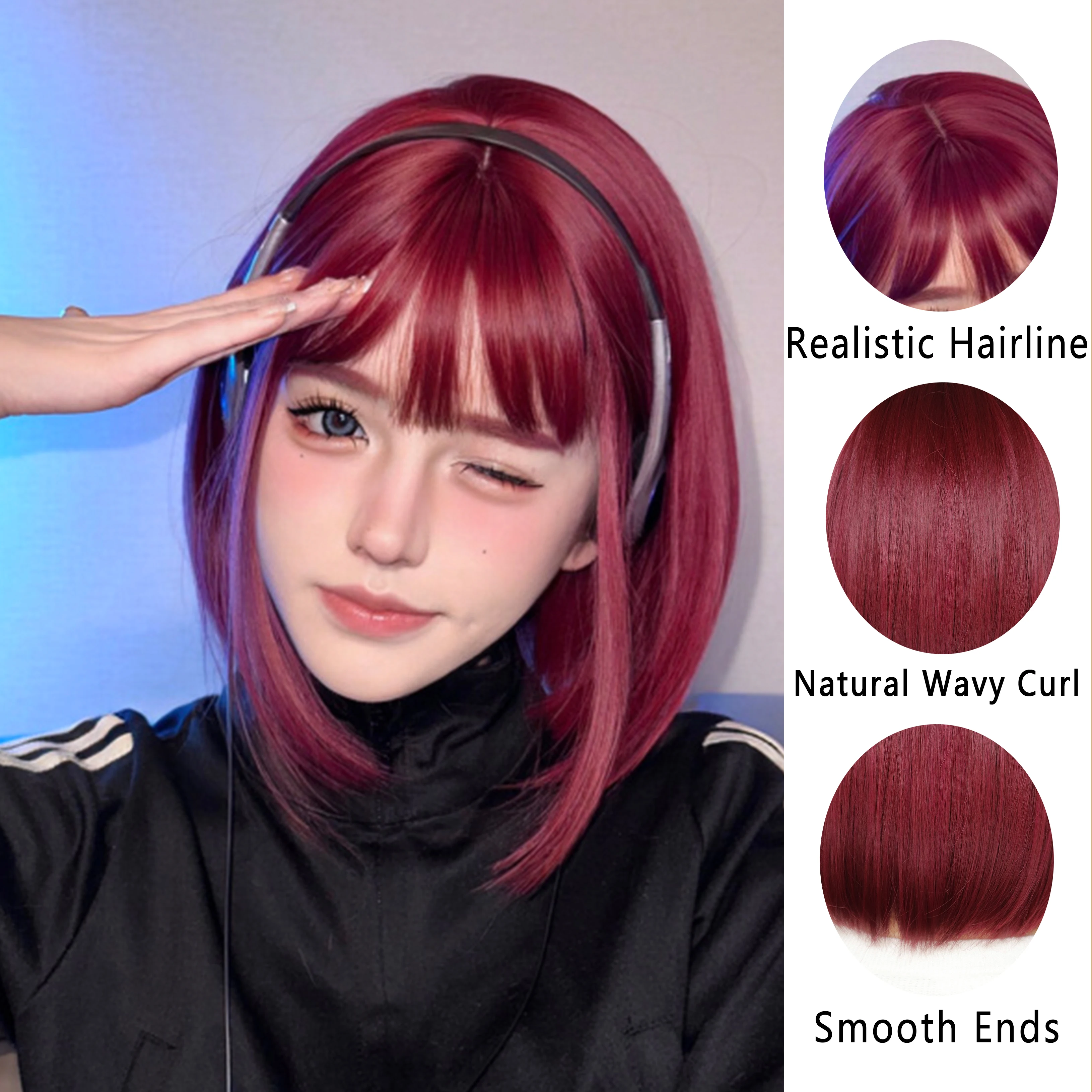 HAIRCUBE Wine Red Bob peruki z grzywką krótki Bob peruki syntetyczne dla kobiet żaroodpornych peruki syntetyczne codzienne włókna włosów Cosplay