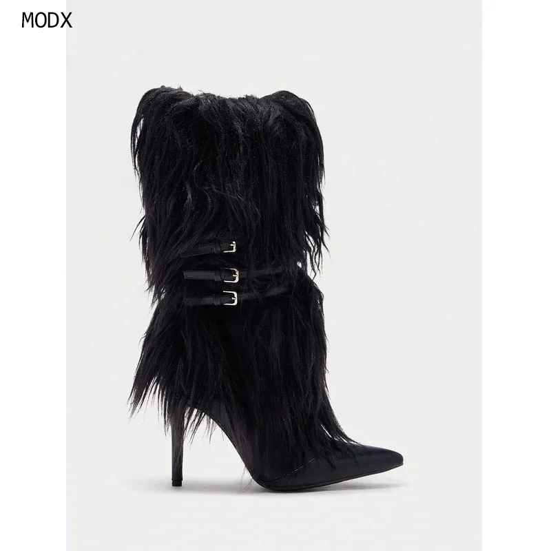 

Сапоги до середины икры с пушистым мехом, элегантная женская обувь для вечеринок, зимняя женская обувь на шпильке, длинные сапоги с острым носком
