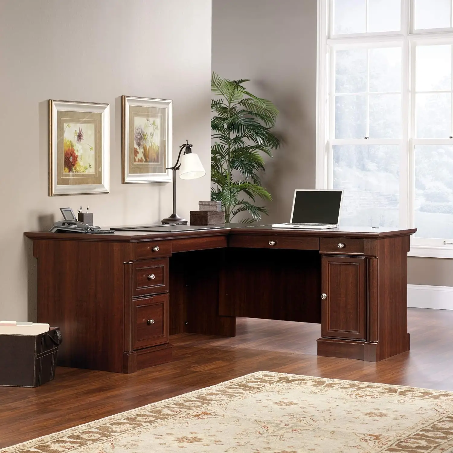 L Shaped Desk Select Cherry Three Additional Drawers Feature Metal Runners and Safety Stops Grommet Holes