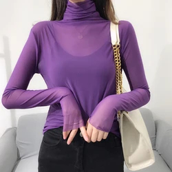 Women Transparent Elastic Shirt Lace Blouse Black White Purple Orange Green Female Bottoming Blouses S-2XL Size Kawaii T Shirt