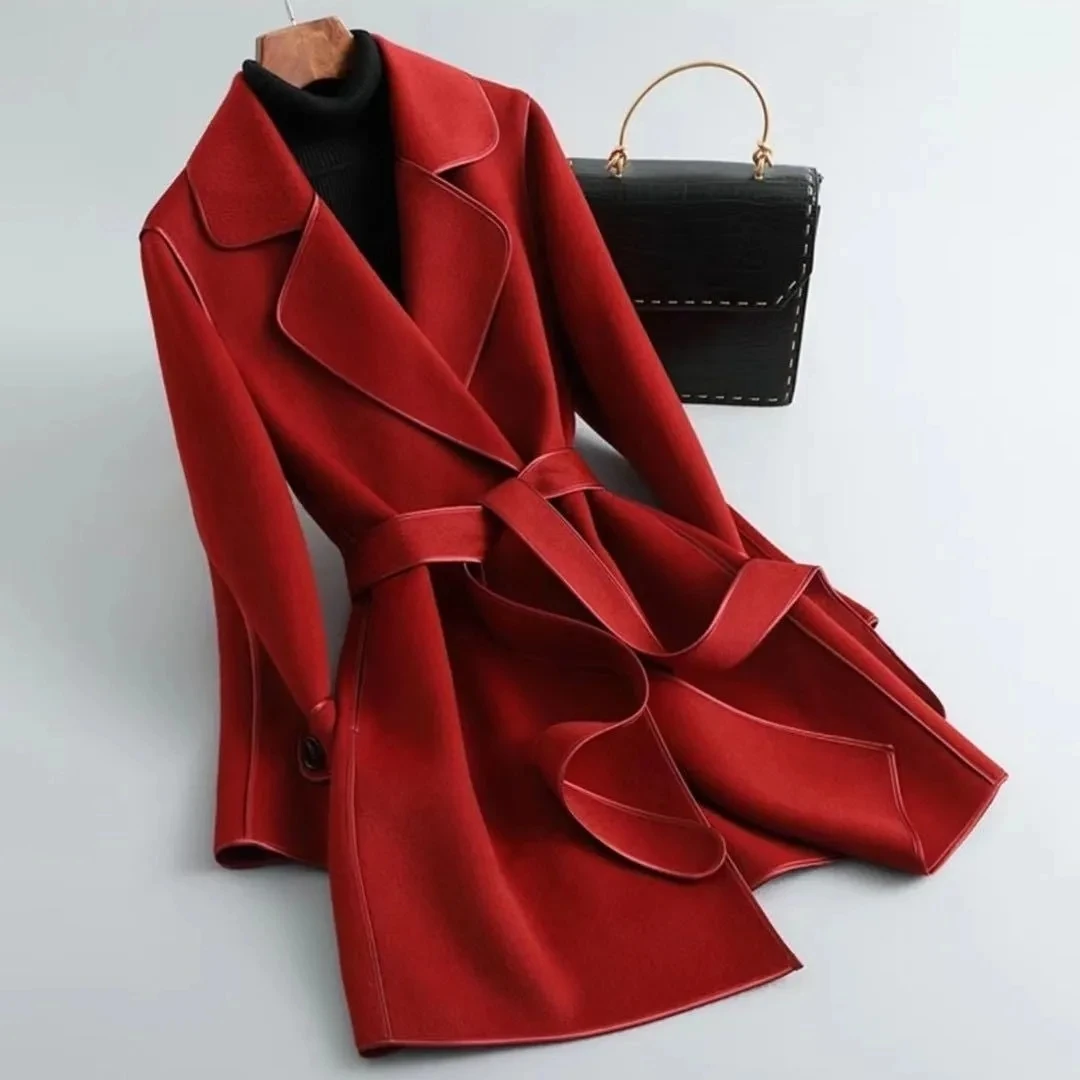 

2023 New Spring and Autumn Cashmere Coat Women's Fashion Slim Elegant Wool Coat With belt Solid Color Female Casual Overcoat