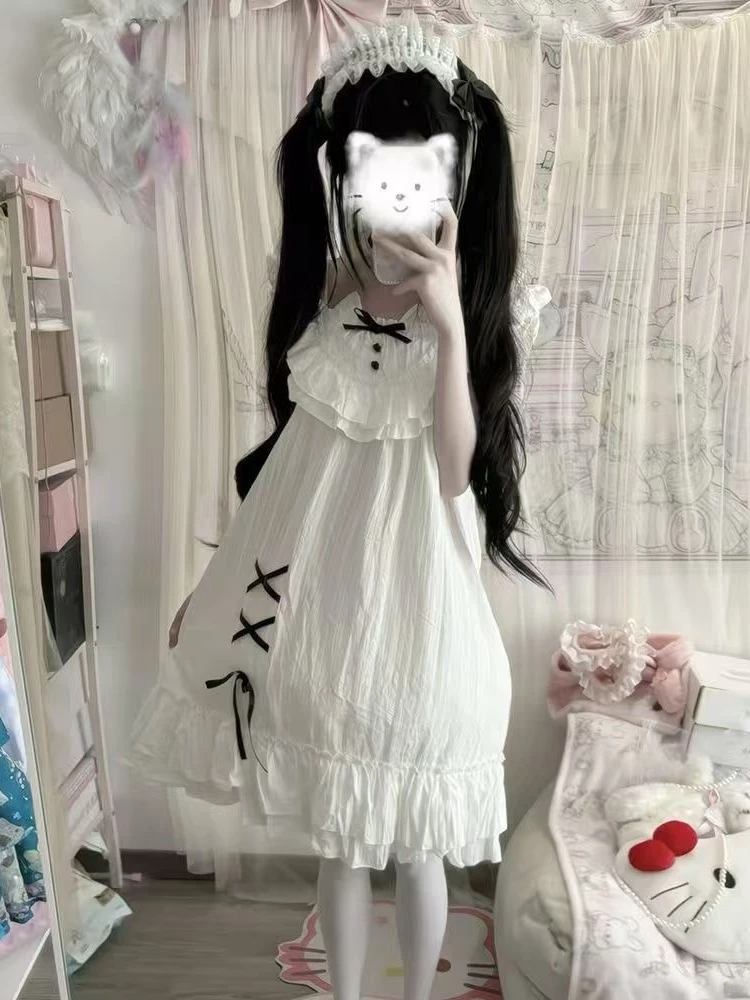 Kawaii فستان الدانتيل المرأة موضة لوليتا عادية القوس نفخة الأكمام الدانتيل فساتين حلوة صيف جديد اليابانية لوليتا وتتسابق 2025 جديد