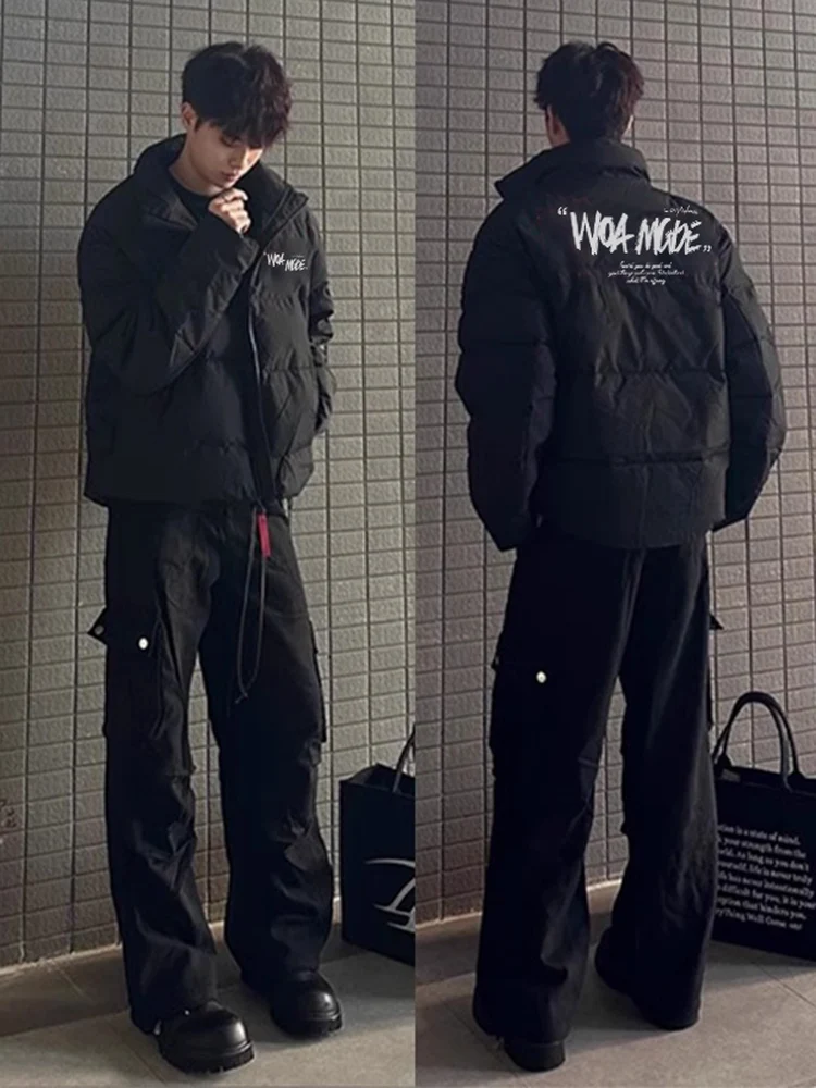 

American High Street Oversize Loose Fit Men's down Jaet Stand Collar Cool Trendy Cotton Coat Outerwear for Autumn Winter