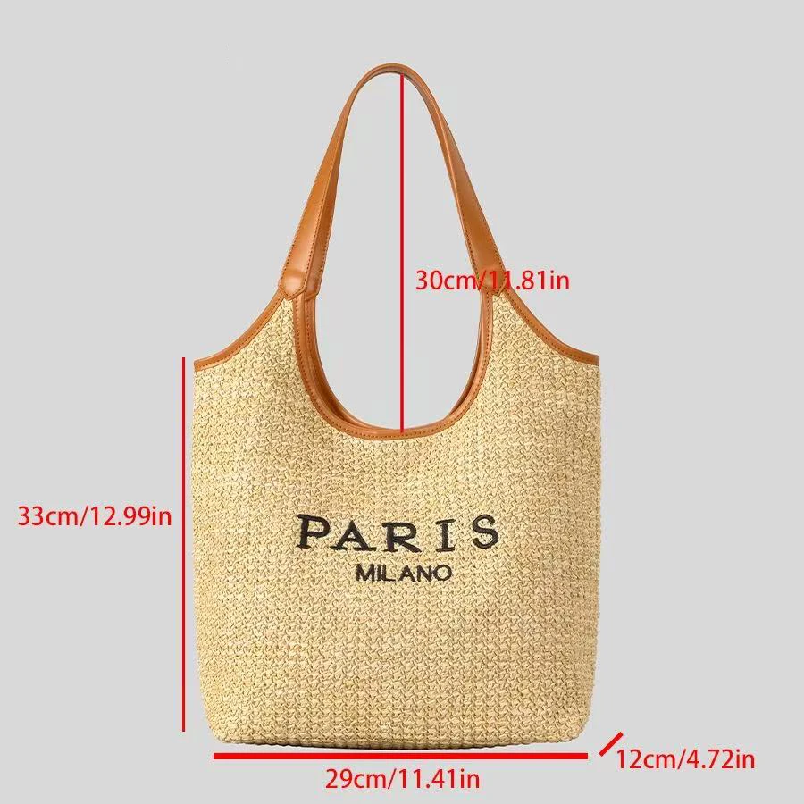 

Summer beach large capacity PP grass woven women's fashionable woven bag PU splicing letter embroidery shoulder bag