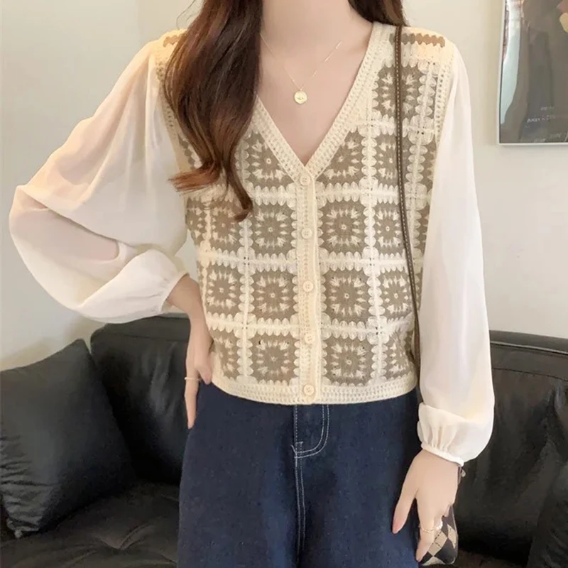 Oma-Quadrat-Häkelbluse für Damen, Puffärmel, Knopfleiste vorne, offenes Strickoberteil, Hemd, Sommer, Strand, Bohemian-Boho-Outfit