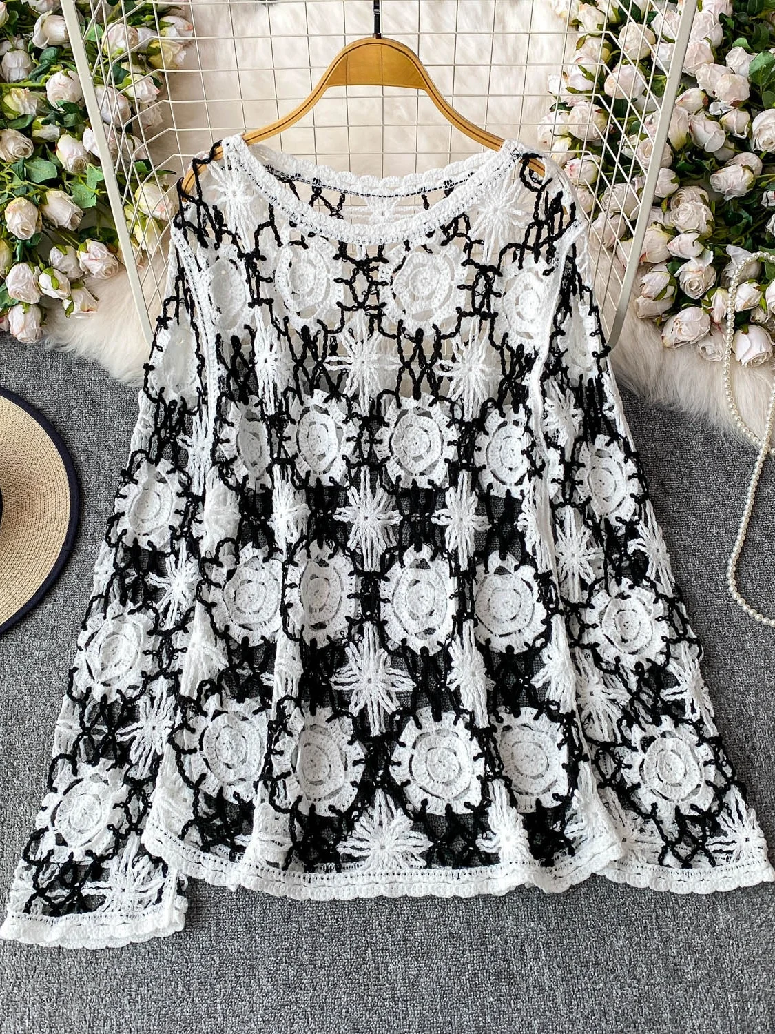 Top de punto hoado estilo bohemio para mujer, con mangas acampanadas, diseño calado, para verano, actividades al aire libre...