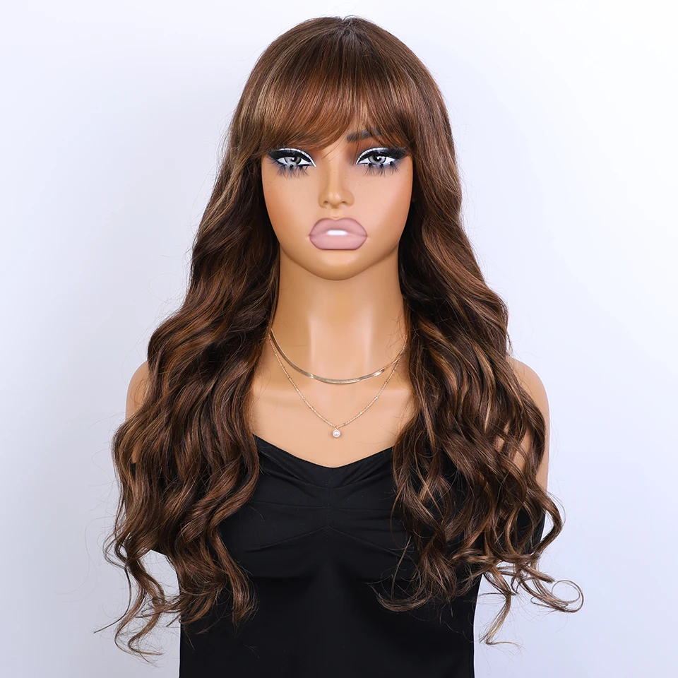 

Body Wave Hair Wigs With Bangs 100% Real Ready To Wear Lace Inside Wigs 22 Inch Highlight Colored Human Hair Wigs For Women