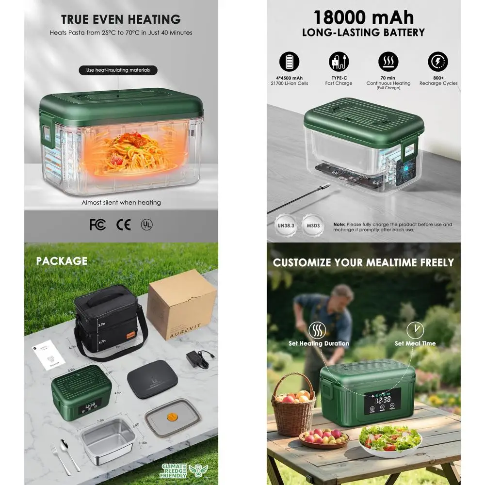 

1.4L Cordless Electric Lunch Box for Adults with Smart Meal Scheduling, Auto Warming, and Insulated Bag