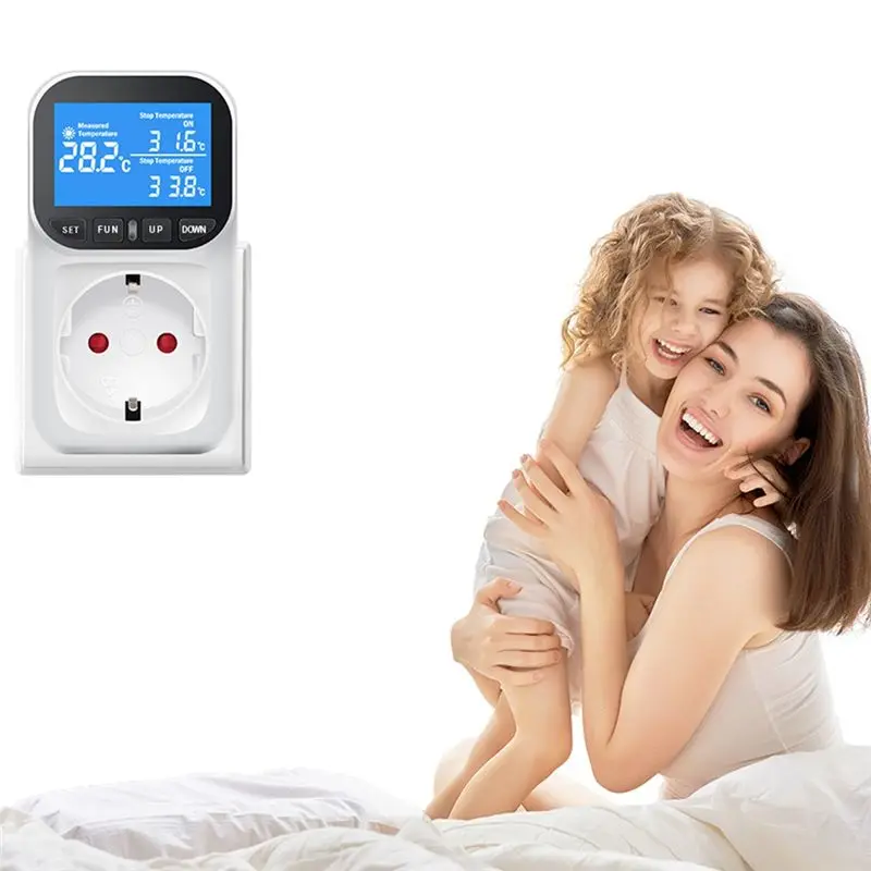 HOT-Digital Temperature Controller Socket Outlet Thermostat With Sensor Probe Heating Cooling Switch Backlight EU Plug