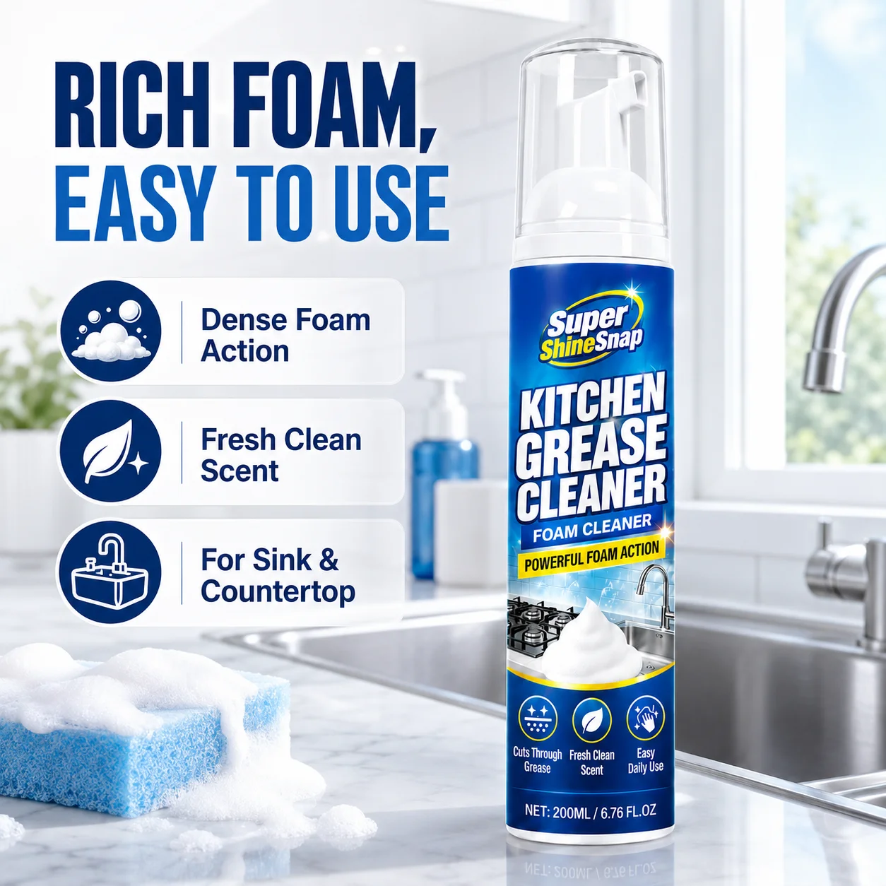 Premium Kitchen Grease Foam Cleaner, Multi-Purpose Easy-Wipe Cleaning Foam for Stovetops, Range Hoods, Sinks and Countertops, Helps Remove Everyday Grease, Oil Residue and Food Messes, Fresh Clean Scent