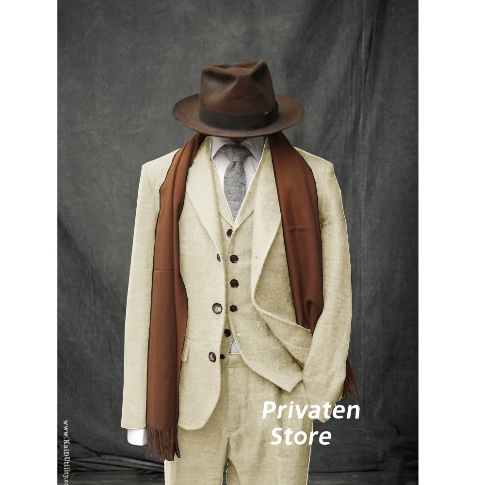 Suit Male Wedding Dresses Notched Lapel Jacket 3 Pieces Linen 2024 Luxury Clothes Full Men\'s Suit Man Vest Jacket & Pants