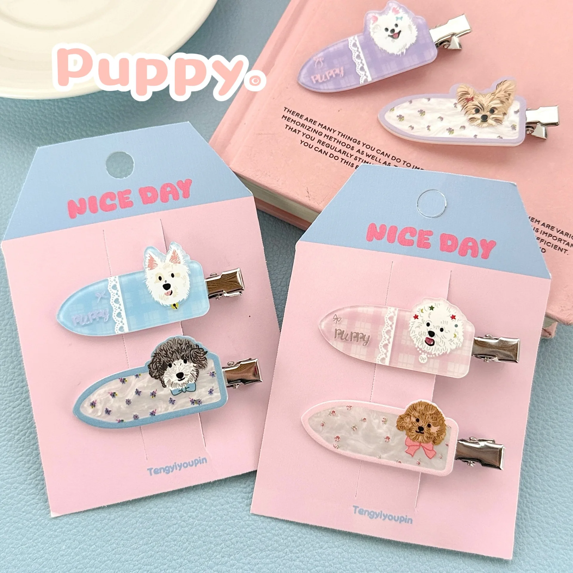 2pcs/set Cute Puppy Hair Side Clips Sweet Adorable Seameless Bangs Clip Trendy Duckbill Clips Hair Accessories for Women Girls