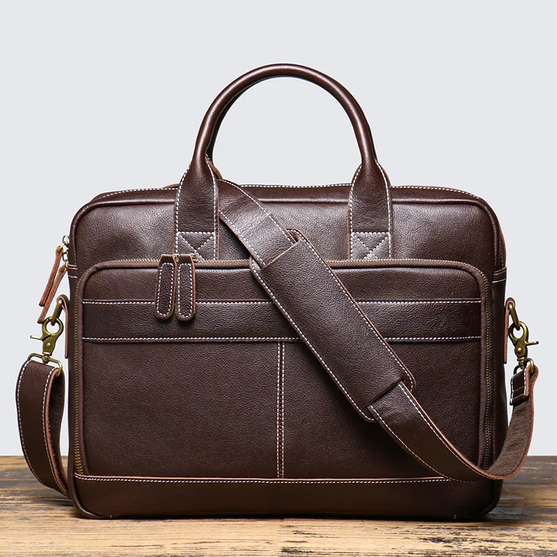 Men's Top Grain Cowhide Laptop Briefcase Spacious Office Bag for Business Commute, Shoulder Carry Computer Bag