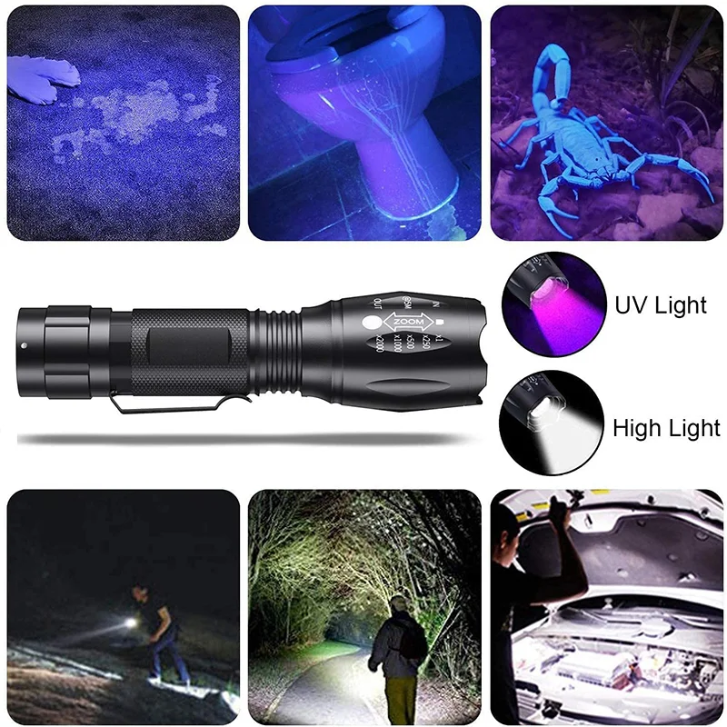 2 IN 1 Ultraviolet Flashlight Purple White Light Flashlight Zoom Fluorescent Black Light Ultraviolet Flashlight Detection Torch