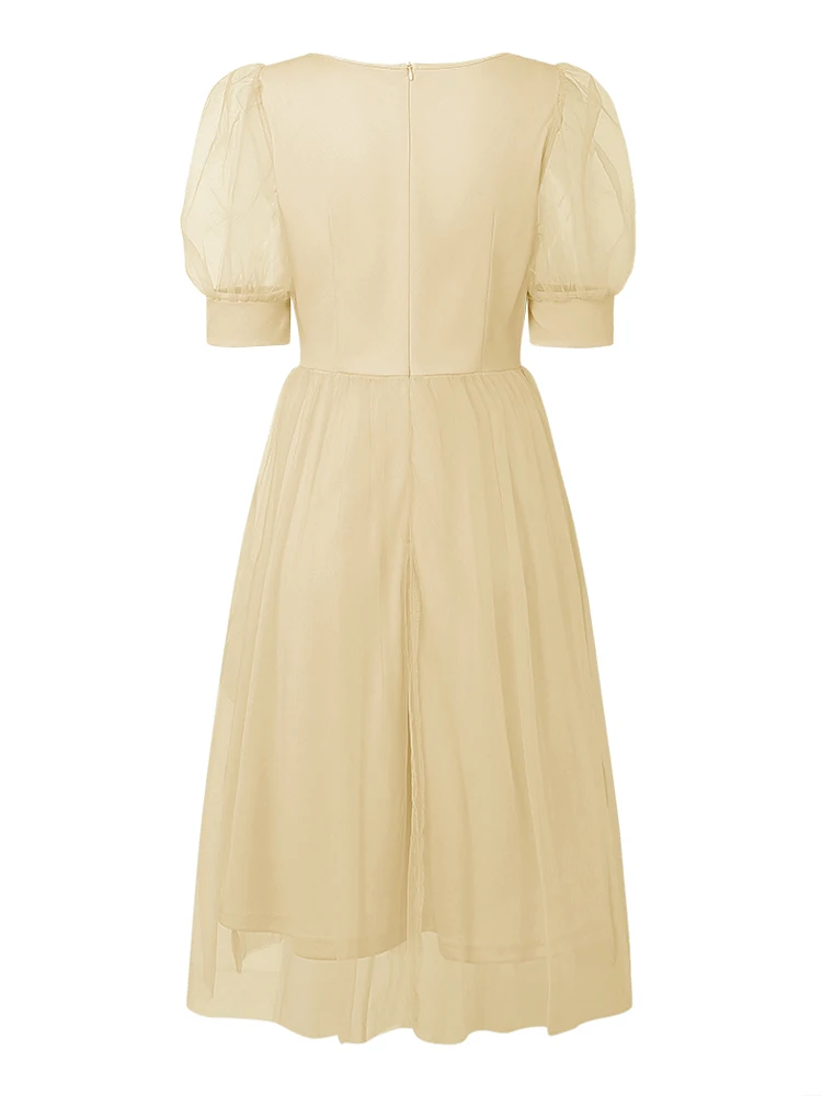 ZANZEA-vestidos Midi elegantes de malla con retales para mujer, vestido de fiesta de noche con cuello en forma de corazón y manga corta abombada, 3 colores, S-3XL