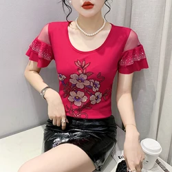 Summer New Short Sleeved Women's T-Shirt Fashion O-Neck Hot Diamond Elegant Slim Ruffles Mesh Tops Tees