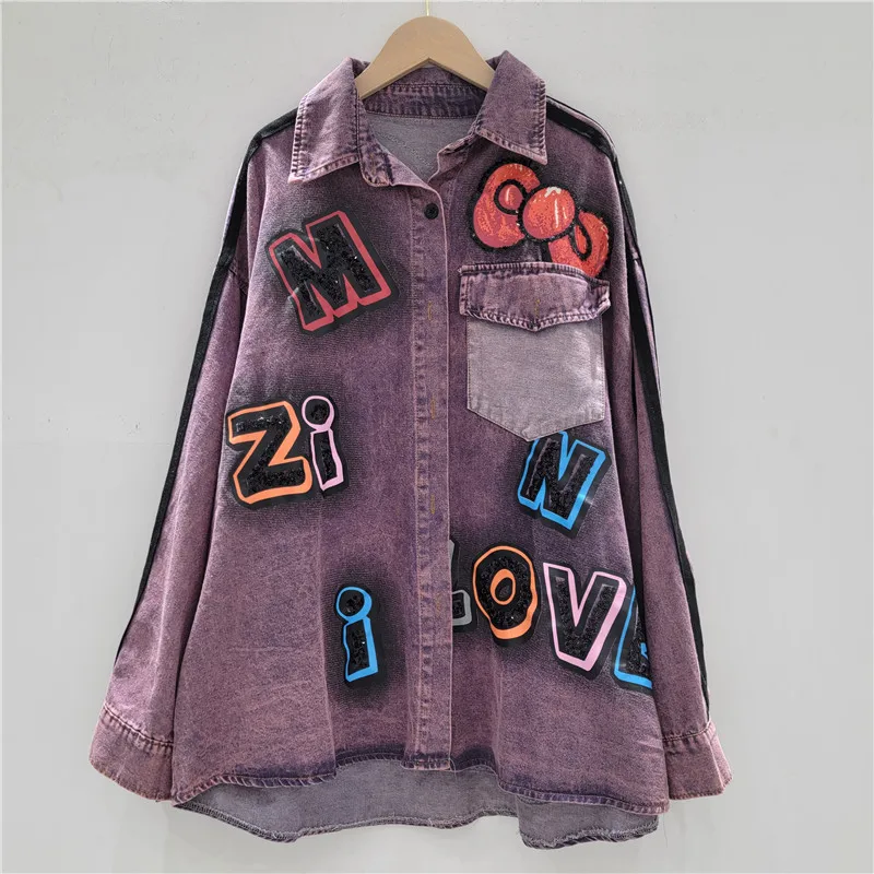 Women's Trendy Brand High-end Long-sleeves Single-breasted Blouse Coat 2025 Autumn New Y2k Denim Shirt Purple Lapel Top Jacket