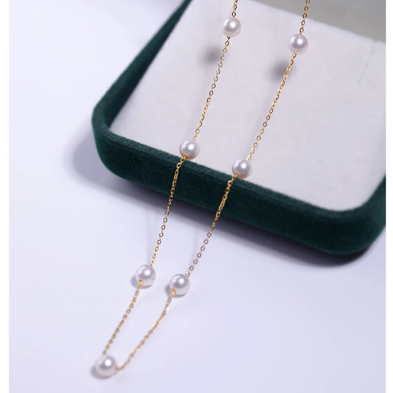 Real 18K Gold Natural Freshwater Pearl Necklace AU750 Fine Jewelry 4-5 mm Wite Pink Mixed Color Wedding Gift For Women X0005