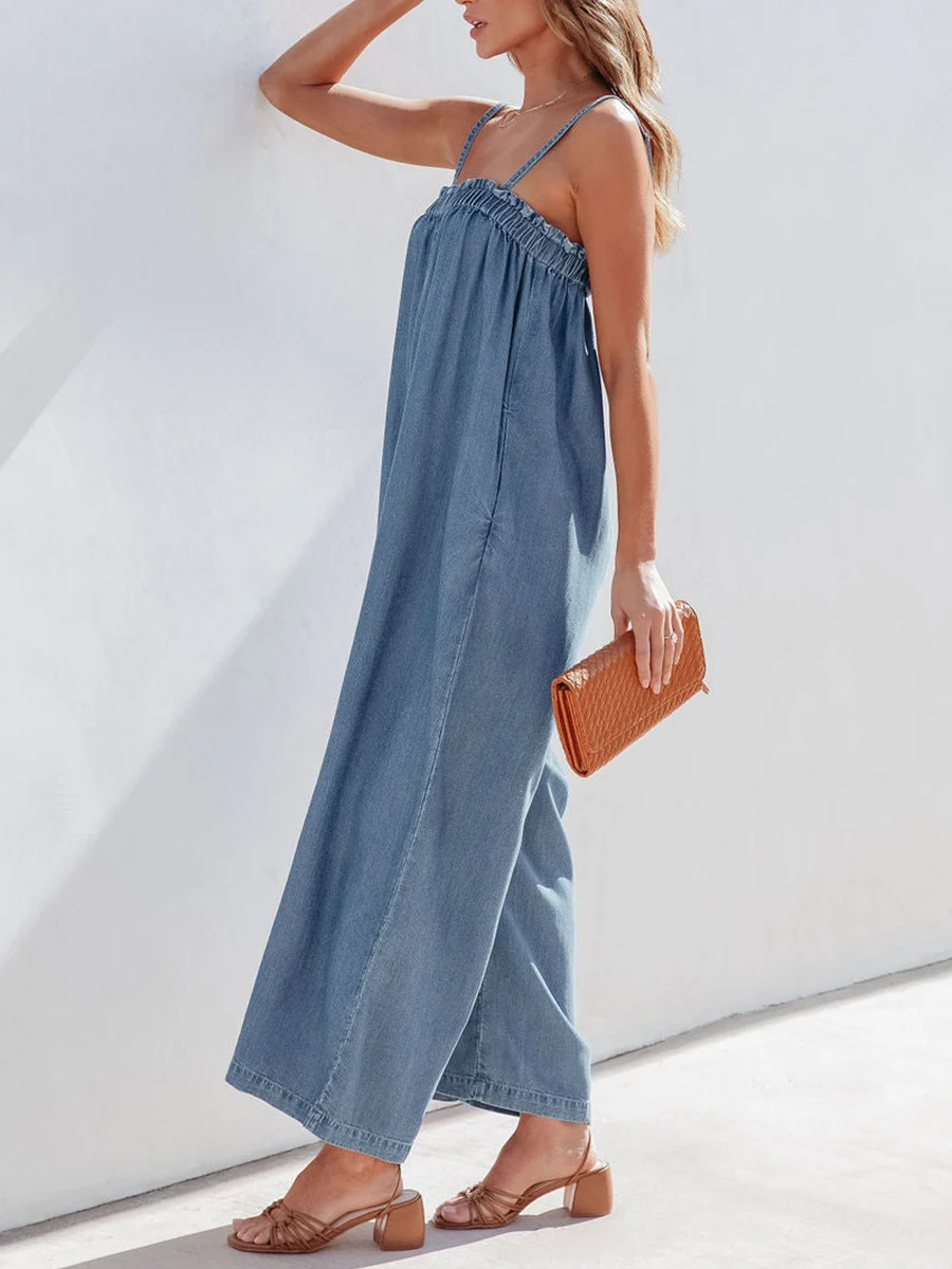 Women s Wide Leg Jumpsuits Plus Size Suspender Denim Overalls Loose  Baggy Rompers Pants with Pockets