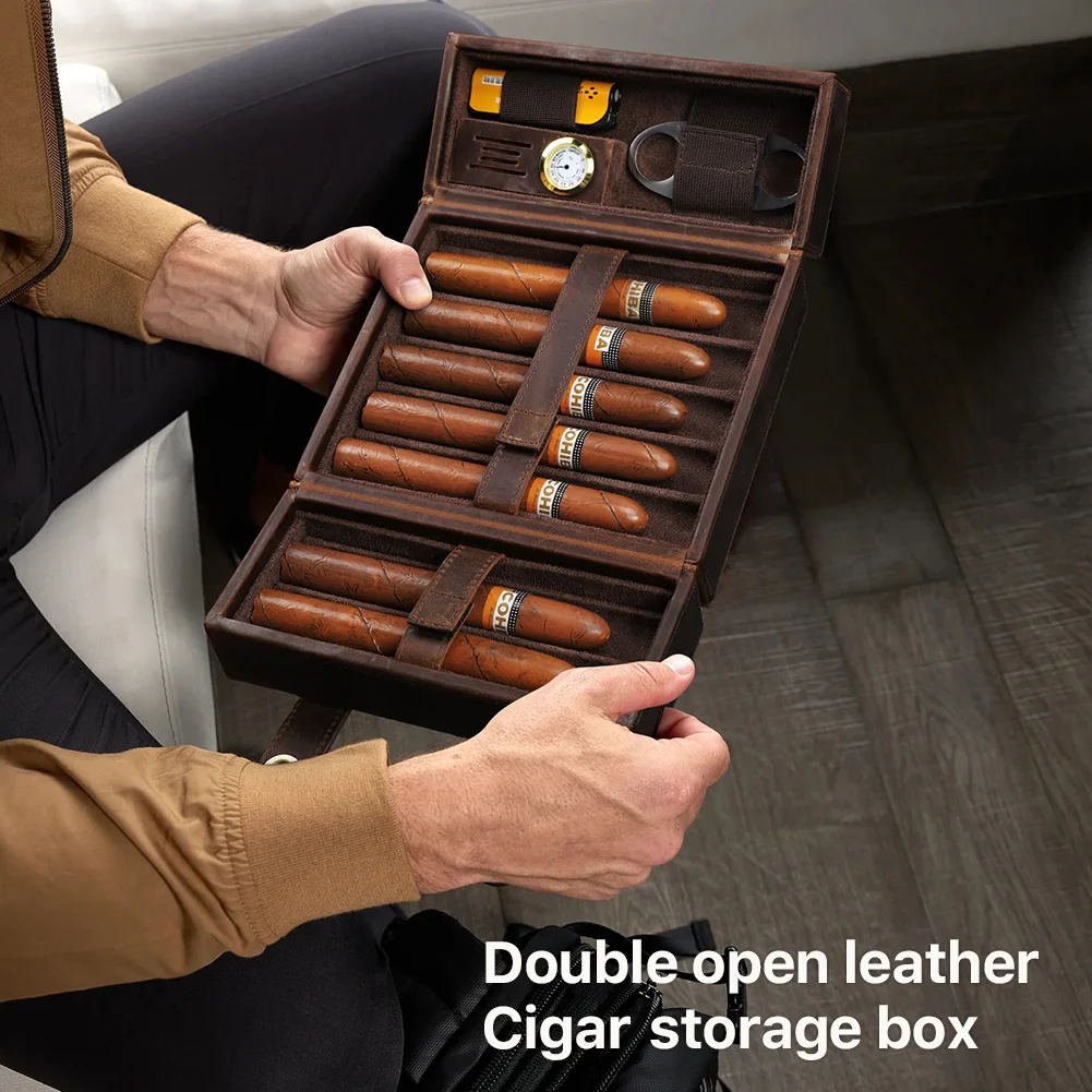 Genuine Leather Portable Humidor Cigar Travel Case 7 Tube Holder Built in Hygrometer Humidifier Magnetic Closure Cigar Box