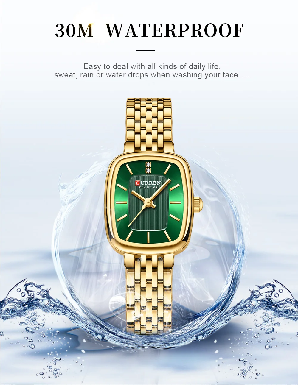 Curren 9093 Damen-Quarzuhr, wasserdicht, luxuriös, Party-Damenuhr, elegantes goldenes rechteckiges Zifferblatt, Quarzuhr, Armband, Geschenk – Detail 8