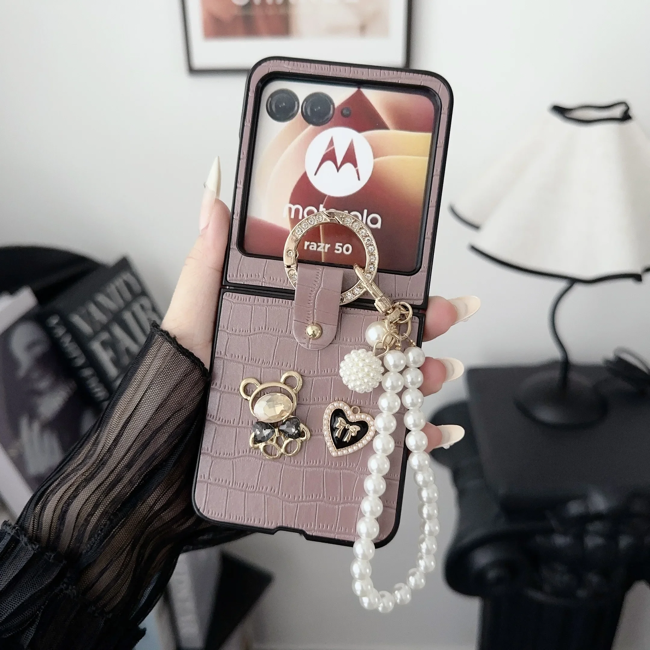 Case for Motorola Razr 50 Ultra 50Ultra Case Luxury Faux Leather Ring Lanyard Folding Shockproof Protection Hard Cover