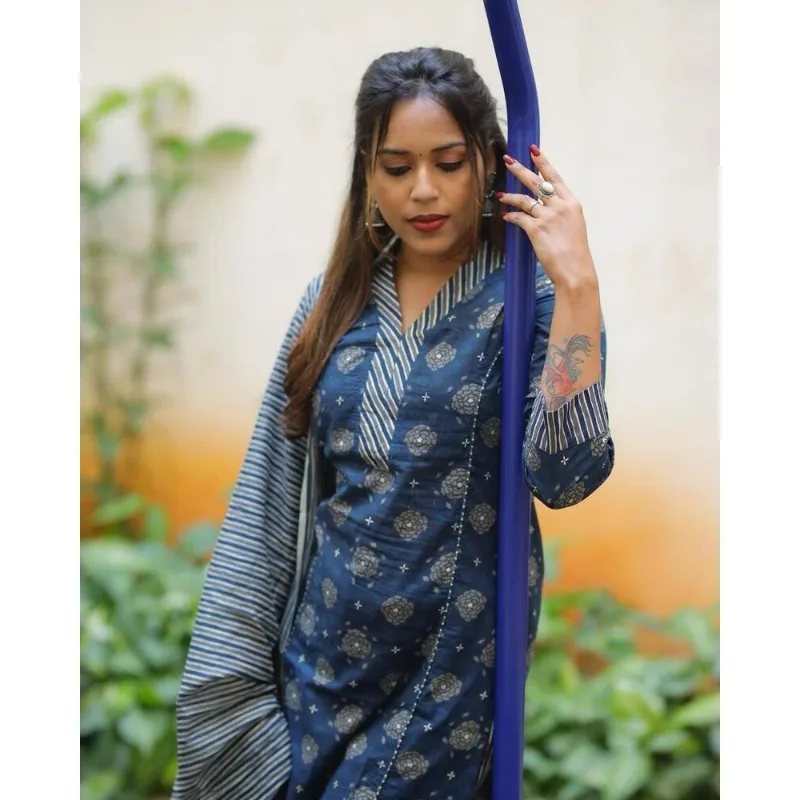 Blue Color Printed Kurta Palazzo with Dupatta Dupatta Readymade Kurti Pant Suit