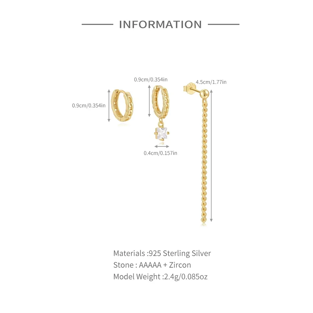 VAL 925 Sterling Silver 3pcs/set Earring Long Chain Earrings Set For Women Men 3 Pieces Stud Piercing 18K Gold Plated Gifts