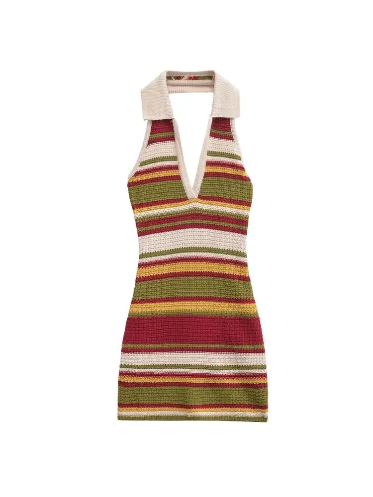GELITAYIN TRZA-Women's Striped Crochet Knit Mini Dress, Backless, Halter Neck, Female Dresses, Sexy Fashion