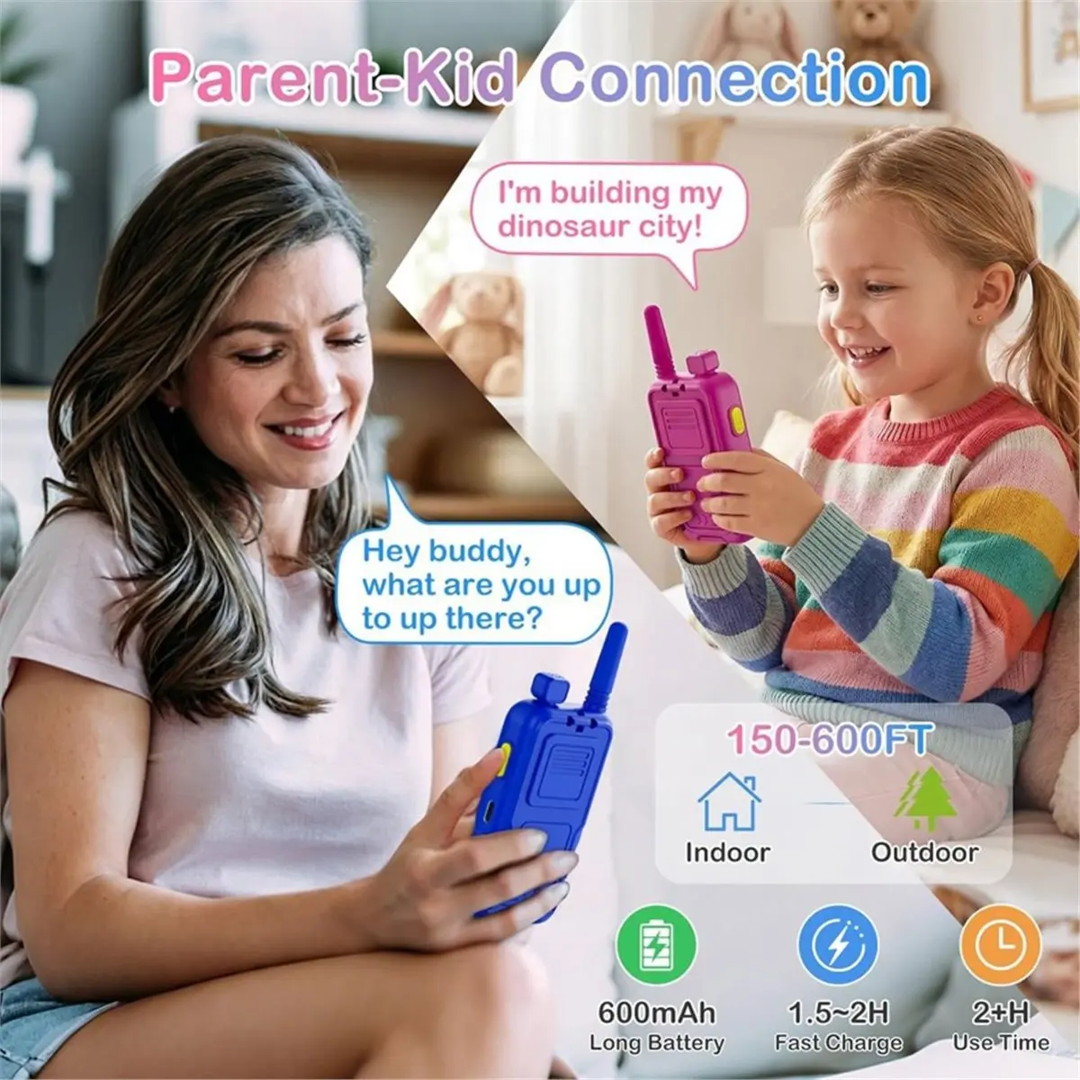 PHONE&GEAR 2Pack Video Walkie Talkies for Kids,Rechargeable Walkie Talkies with 180°Rotating Cam 4 Voice Changer,600FT Kids Gif