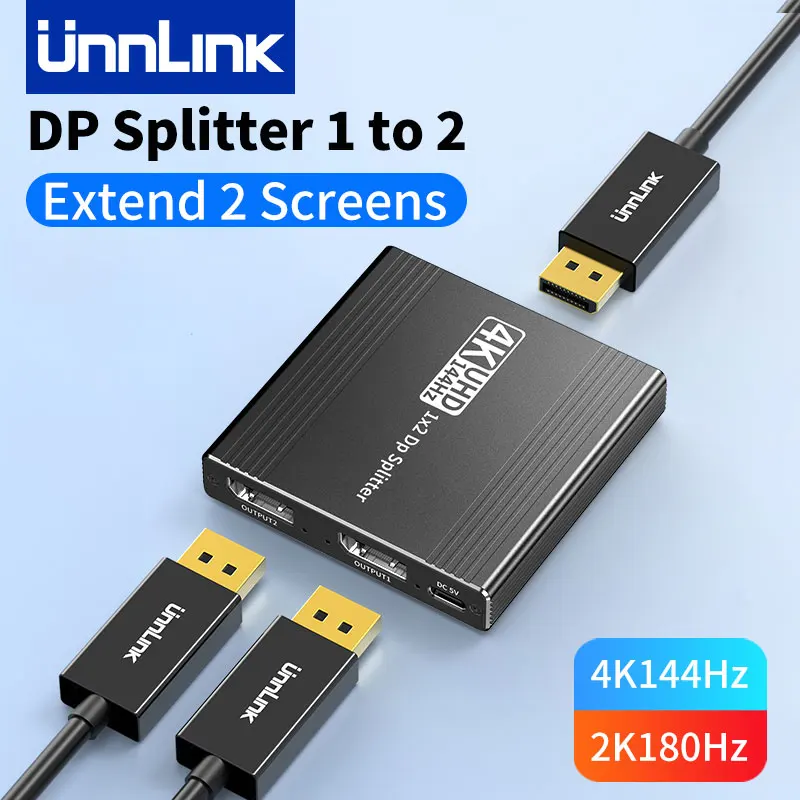 Unnlink 4K 120Hz/60Hz DisplayPort Splitter 1 In 2 Out DP MST Hub 1x2 Extend Dual Monitor for Desktop Video Card to TV Monitor