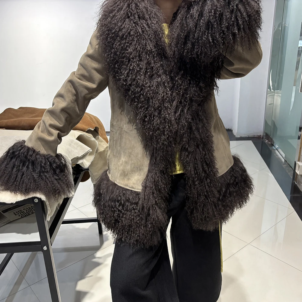 YOLOAgain Real Mongolia Sheep Fur Collar Real Leather Jacket Coat Women