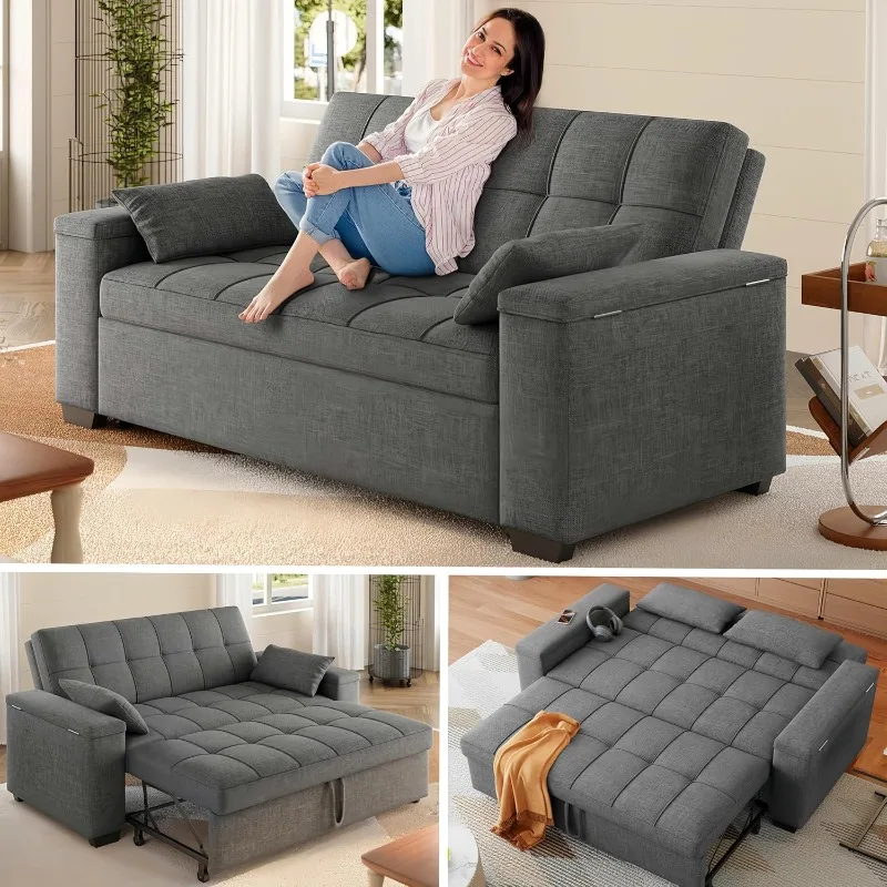 

3 in 1 Convertible Sleeper Sofa Bed, 69" Futon Couches with Side Pocket and Storage Armrest | Adjustable Backrest, Linen
