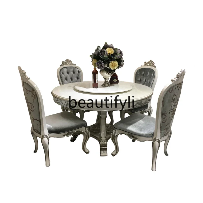 

French solid wood round dining table dining chair combination chair palace simple luxury carved restaurantD06