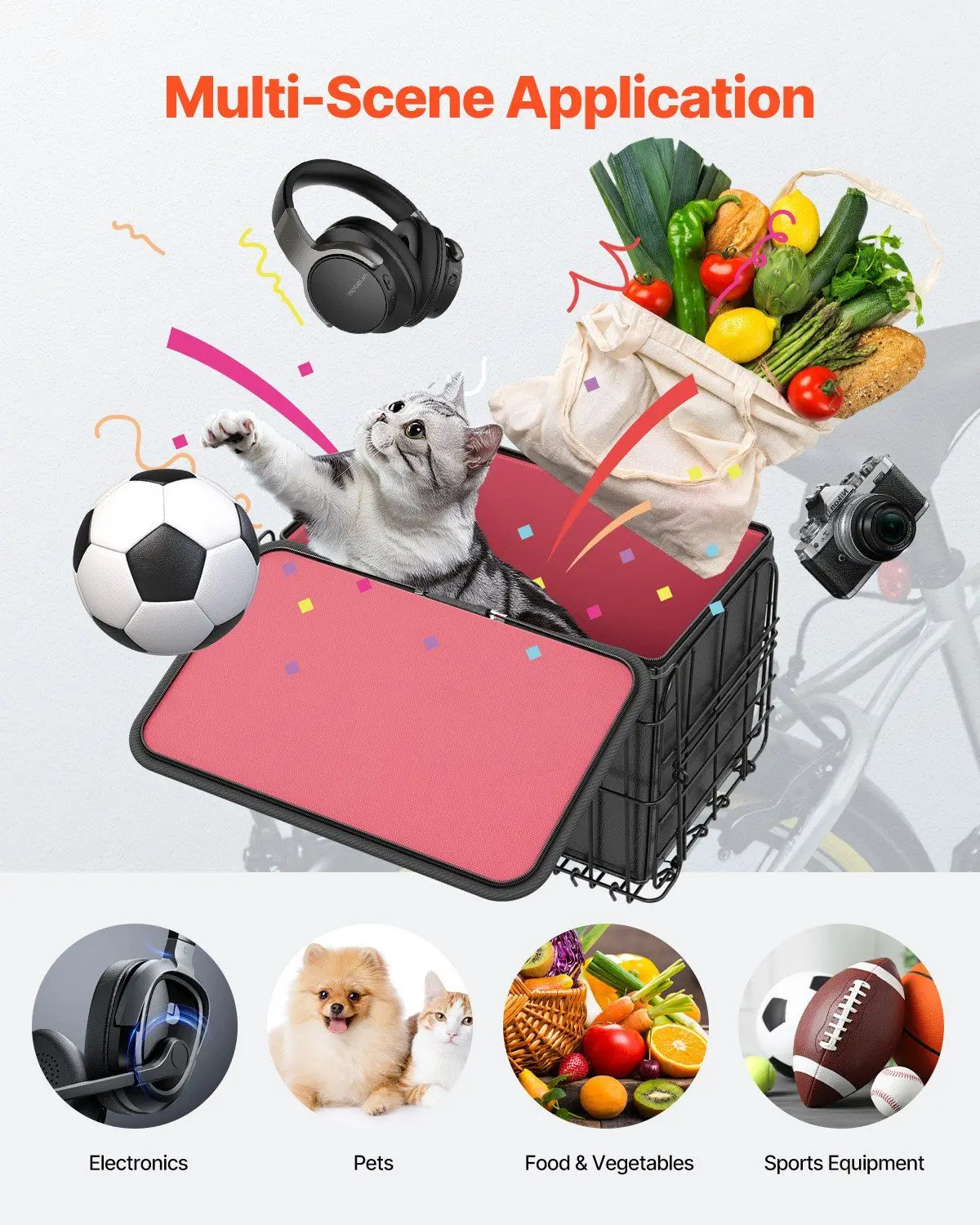 Zusammenklappbarer Fahrradkorb hinten mit Gepäcknetz, herausnehmbarer Innentasche und wasserdichter Abdeckung, Fahrradkorb für den Transport von Lebensmitteln und Haustieren