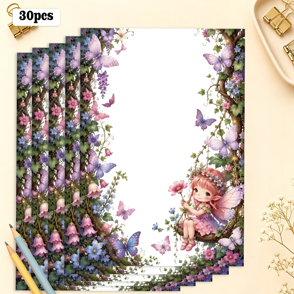 30 Sheets, B5 Spring Flower Border Fairy Theme Writing Paper, Lined, No Glue, Very Suitable For Notebooks, Memos, And Stickers