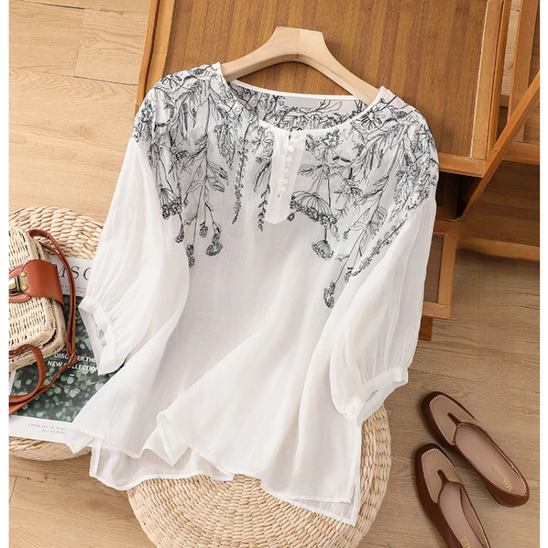 Cotton Linen Shirt for Women, Floral Embroidery, Vintage Blouses, Loose Short Sleeve Top, O-Neck, New, Summer