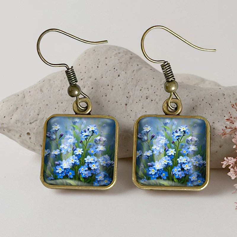 2025 New Forget Me Not Oil Painting Square Earring Retro Glass Dangle Earrings Handmade Jewelry Gift