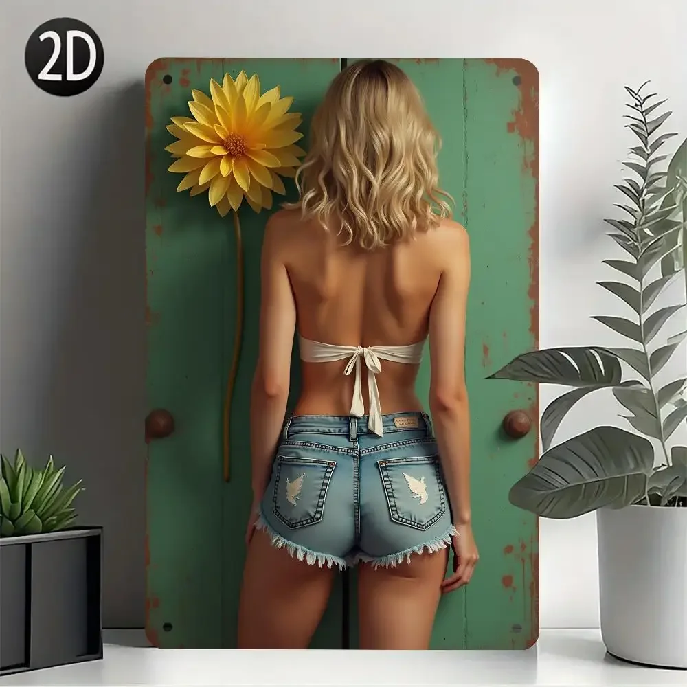 2026 Vintage Pin-Up Girl in Denim Shorts Retro Metal Tin Sign, Sexy Woman with Sunflower Wall Art Decor for Man Cave Bar Home